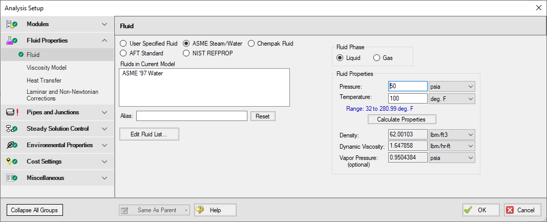 The Fluid panel in Analysis Setup with ASME Steam/Water database selected.